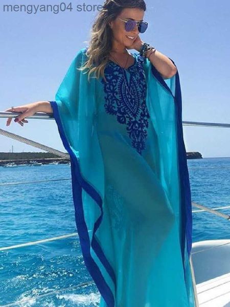 Damen Bademode 2023 Plus Size Blau Bestickter Sommer Beachwear Chiffon Kaftan Strand Frau Tunika Badekleid Robe plage Swim Wear Cover Up #Q746 T230505