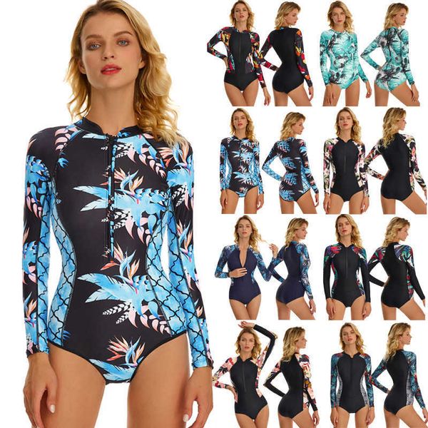 Neoprenanzüge Trockenanzüge Green Leaf Polka Dot Frauen Langarm-Badeanzug Surfen Rash Guard One Piece aushöhlen Swimswear Zipper Rashguard Overall J230505