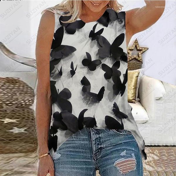 T-shirts pour femmes 2023 femmes été sans manches débardeur 3D numérique Animal papillon imprimé rétro décontracté plage Style pull