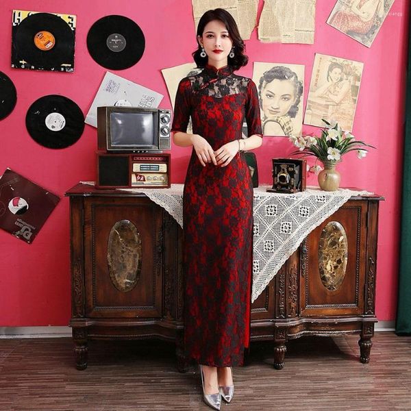 Roupas étnicas 2023 vestido tradicional chinês preto vermelho nacional cheongsam vintage plus size feminino mulheres renda long slim qipao
