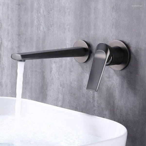 Rubinetti per lavabo da bagno Rubinetto per lavabo in ottone grigio canna di fucile / oro spazzolato Rubinetto a parete a montaggio nascosto Rubinetto freddo e miscelatore Cromo nero