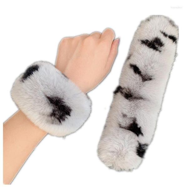 Five Fingers Handschuhe Winter Warm Real Rex Pelz Armwärmer Flauschige Handringmanschetten Leopardenmuster Stulpen für Frauen