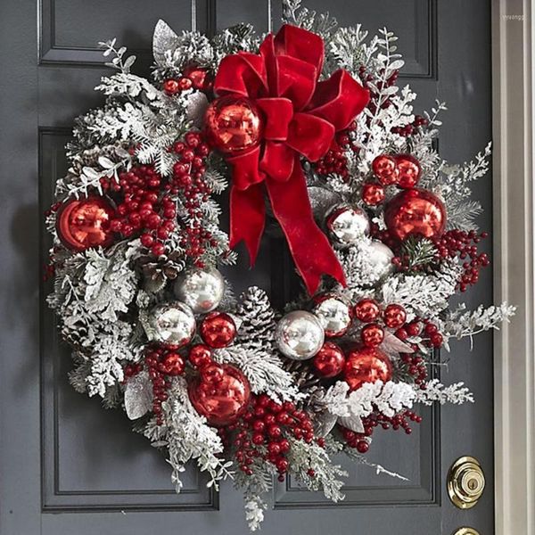 Dekorativer Blumen-Weihnachtskranz, beflockt, schneebedeckte Rattan-Fälschungsgirlande, umgedrehter Baum, rote Bowknot-Band-Simulation