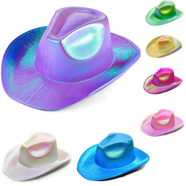 Cappello da cowboy spaziale Neon Sparkly Glitter Shiny Caps Holographic Rave Cappelli da cowgirl fluorescenti Accessori per feste in costume di Halloween 7 colori