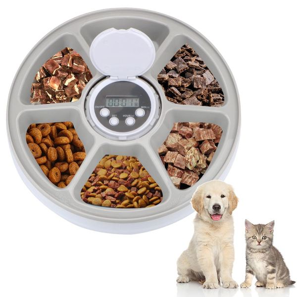 Alimentando 6 refeições 6 grades para gato cão com gravador de voz pet alimentador automático redondo cronometragem alimentador elétrico seco molhado dispensador de alimentos