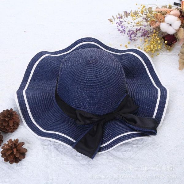 Cappelli a tesa larga anti-UV pieghevoli con bordo arricciato cappello da sole da donna copricapo paglia estiva