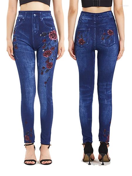 Женские леггинсы Visnxgi Spring Red Floral Print Женщины с высокой талией Jeggings мягкие повседневные ложные джинсы плюс размер эластичные джинсовые штаны