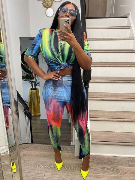 Frauen zweiteilige Hosen Hip Hop Gradient Printing Jogginganzug für weibliche Kurzarm Abnehmen T-Shirts Tops und elastische Hülle Legging Y2k