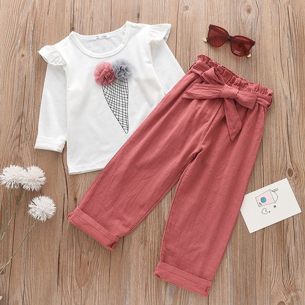 Set di abbigliamento Melario Kid Baby Girl Outfit Set Ice Cream Fly Sleeve T-shirt bianca Top Pantaloni lunghi 2 pezzi Set Abbigliamento per bambini 3-8Y Vestiti 230505