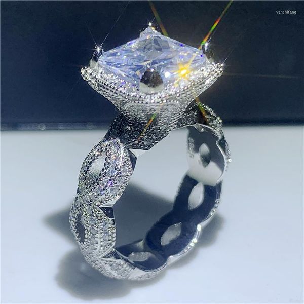 Cluster Ringe Mode Vintage Ring Schmuck 925 Sterling Silber Princess Cut Pave Weiß Klar 5A Zirkonia CZ Dragon Claw Hochzeit