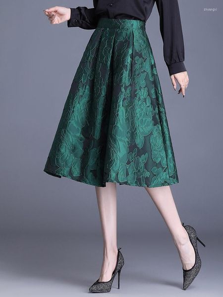 Saias de alta qualidade outono inverno jacquard feminino 2023 cintura verde preta Uma saia de linha no meio da fêmea plissada 027