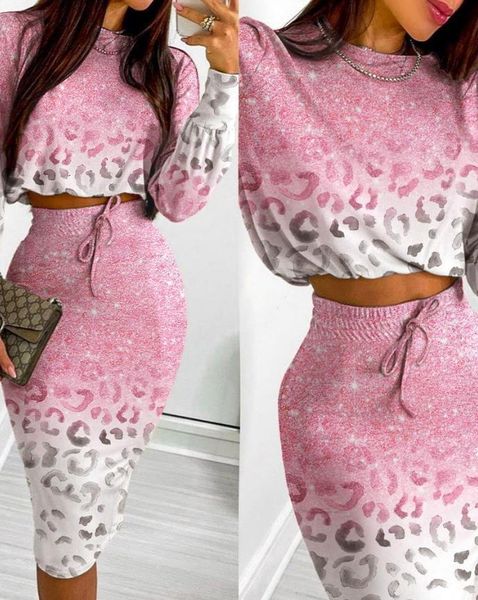 Set di abiti a due pezzi Completi da donna Moda primavera Stampa leopardata Oneck Manica lunga Crop Top Casual Midi Gonna con coulisse Set 230505