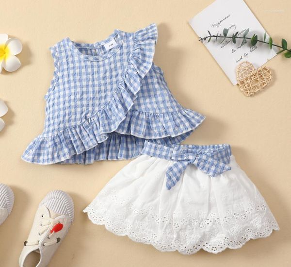 Giyim Setleri Doğdu Bebek Kız Giysileri Yaz Bebek Kıyafetleri Kolsuz Çıkarılmış Ekose Üstler ve Bow Dantel Etek 2 PCS/Set Butik