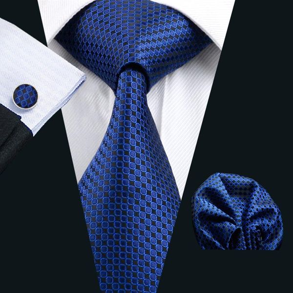 Cravate bleue pour hommes classique soie Hanky boutons de manchette ensemble Jacquard tissé travail formel réunion loisirs N-0881175Y