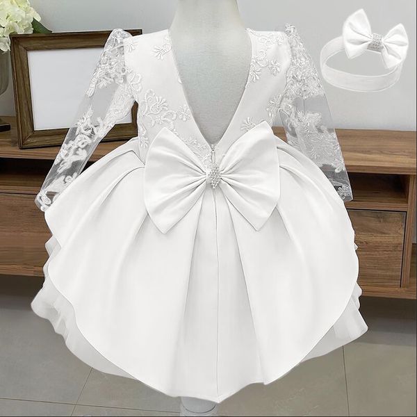 Mädchen Kleider Baby Mädchen weiß Taufe Geburtstag Prinzessin Kleid Kleinkind Mädchen Jahr Stickerei Blumen Langarm Blume Kind Hochzeit Kostüm 230504