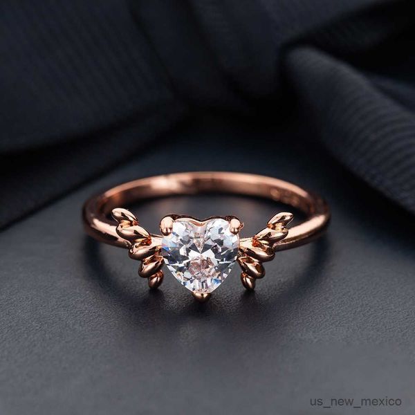 Band anéis Novo anel de casamento de asas de anjo fofo para mulheres em forma de coração zircão rosa dourado colorido de noivado de jóias de jóias de joias por atacado