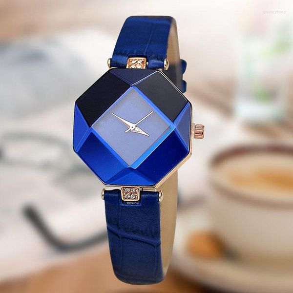 Orologi da polso cinturino in pelle analogico da donna al quarzo moda squisita geometria taglio gemma orologi da donna blu