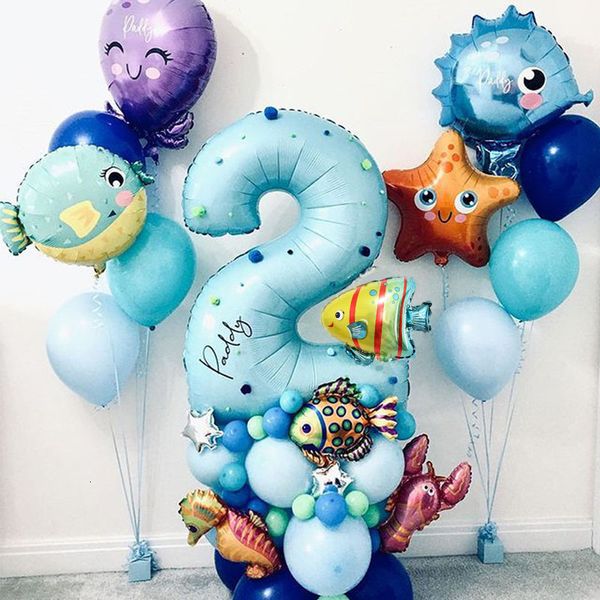 Outros suprimentos para festas de evento 45pcs Ocean World Under Sea Animal Balloons Blue Number Balloon Kids Birthday Decoration Baby Shower Helium Globos 230504