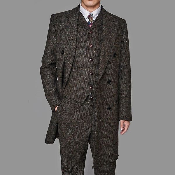 Ternos masculinos Blazers Moda Mens Suits Tweed Tweed Tweed Tweed Vintage Business Jacket Colet and Calças Tuxedos de casamento personalizados Novo no inverno 230505