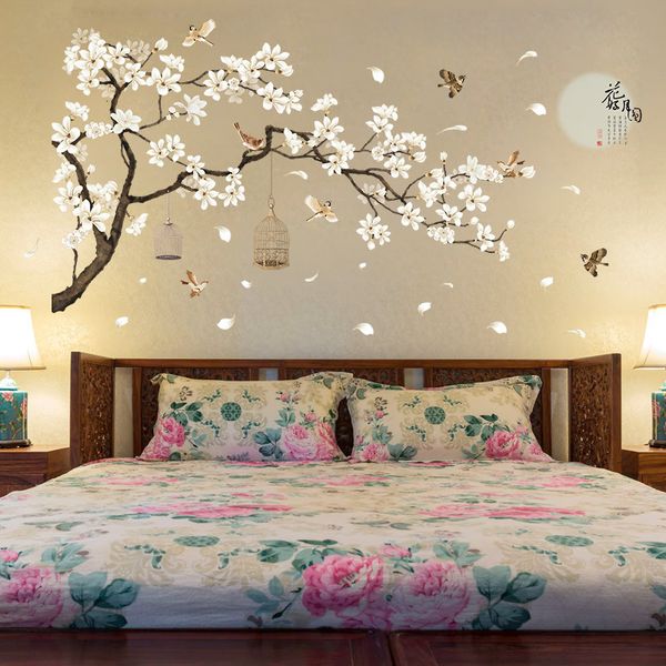 Sfondi 187 * 128 cm Adesivi murali albero di grandi dimensioni Uccelli Fiore Decorazioni per la casa Sfondi per soggiorno Camera da letto Decorazioni per camere in vinile fai da te 230505