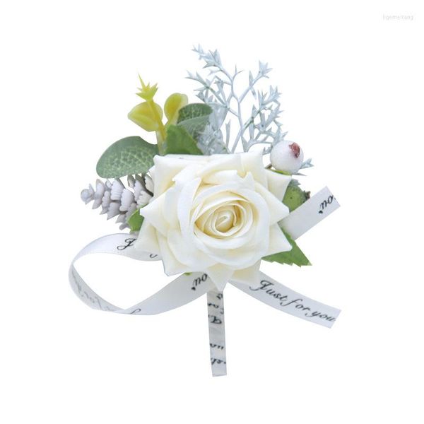 Dekorative Blumen 1pcs Hochzeit Braut Corsage Bräutigam Boutonniere Brautjungfer künstliche Blumenbrosche mit romantischem Band