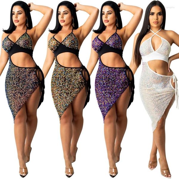 Vestidos casuais itens de atacado de lantejoulas brilhantes para mulheres Party Halter Hollow Out Bodycon vestido sem costas Sexy midi