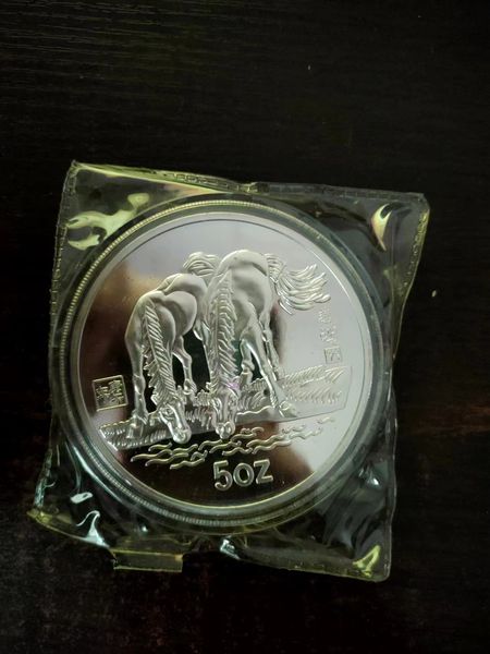 Arts and Crafts Chinesische Shanghai Mint 999 Ag. 5 oz Zodiac Horses Flower Silbermünze
