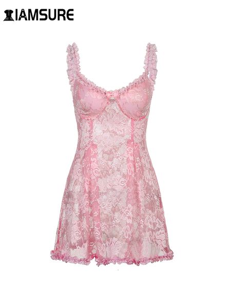 Freizeitkleider IAMSURE Süßes süßes Cami-Kleid mit Spitze, durchsichtig, sexy, schlank, ärmellos, mit Rüschen, Schleife, A-Linie, Minikleider für Frauen, Sommer, Frühling, Dame 230505