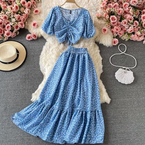 Arbeitskleider Chiffon Großes Swing-Langes Kleid Hohe Taille A-Linien-Rock Fragmentierte Blume Frisches halbes Zweiteiler-Set Kurz