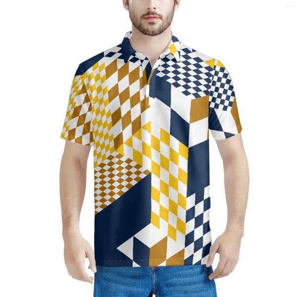 Мужская геометрия полоса полосатые 3D -многоцветные узоры Поло Рубашки с коротким рукавом дышащие мужские повседневные стройные пуловерные вершины блузка