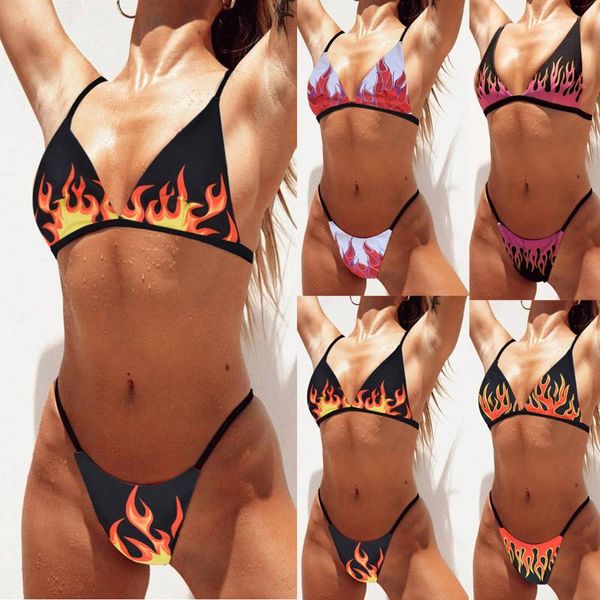 Damen-Badebekleidung Meihuida 2-teiliges Frauen-Sommer-Multicolor-Feuer bedruckter V-Ausschnitt-BH mit hoher Taille, Panty-Bikini-Set für Mädchen