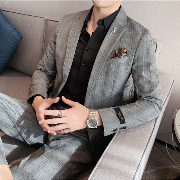 Herrenanzüge Blazer JacketPant Neuestes Design Check Herrenanzug Bräutigam Hochzeit Bühne Smoking Bestes Kostüm Herren Business Social Suits 2-teiliges Set 230505