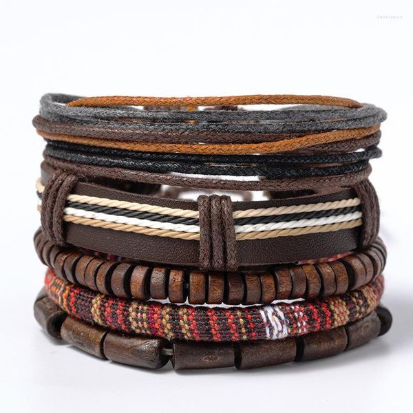 Strand Männer Geflochtene Wrap Lederarmbänder für Frauen Vintage Knit Charm Holzperlen Ethnic Tribal Armbänder