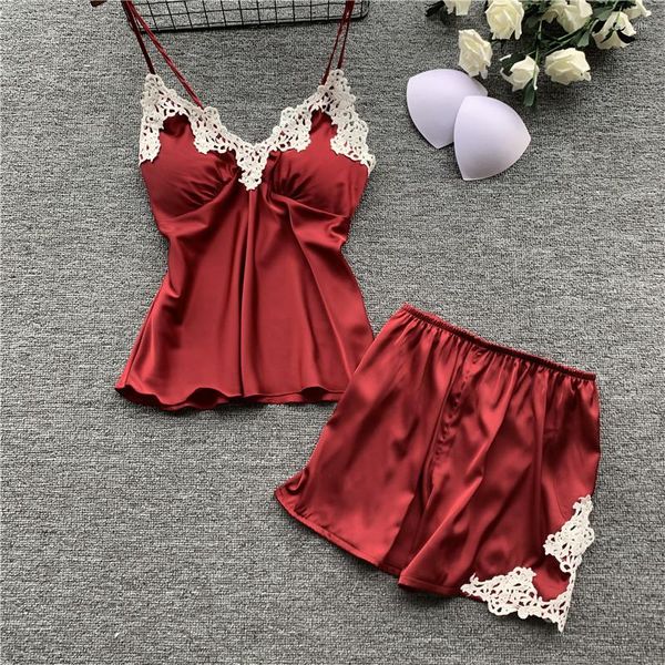 Pijamas de pijamas femininas de pijamas bordados de seda com shorts 2pcs Sexy lingerie Cami Set