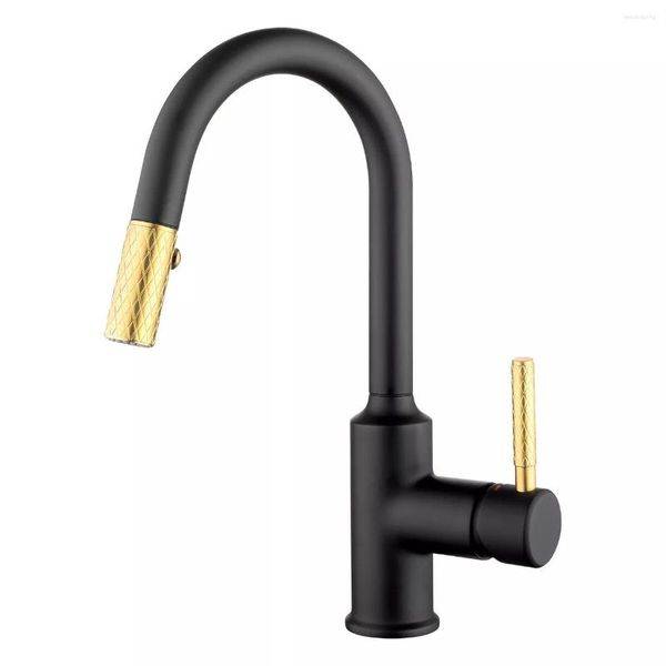 Torneiras de cozinha Puxe a pia da pia de latão de luxo de alta qualidade água fria alça de 1 orifício Tap Modern Design Modern Black and Gold