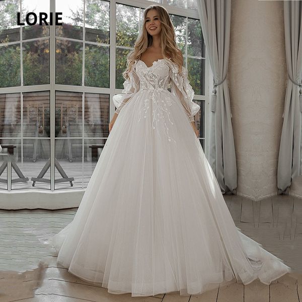 Abiti da festa LORIE Glitter Wedding Maniche a sbuffo Applicazioni in pizzo 3D Fiori con spalle scoperte Tulle Boho Abito da sposa abiti da sposa 230505