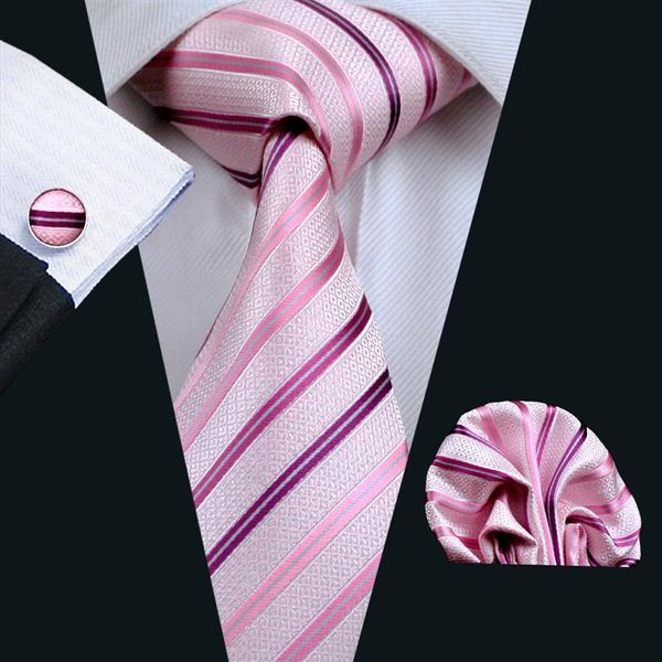 Pink Stripe Silk Trey Conjunto de abotoaduras Hanky ​​Links Mens Jacquard Tecido Business Casual Conjunto formal N-0228268C