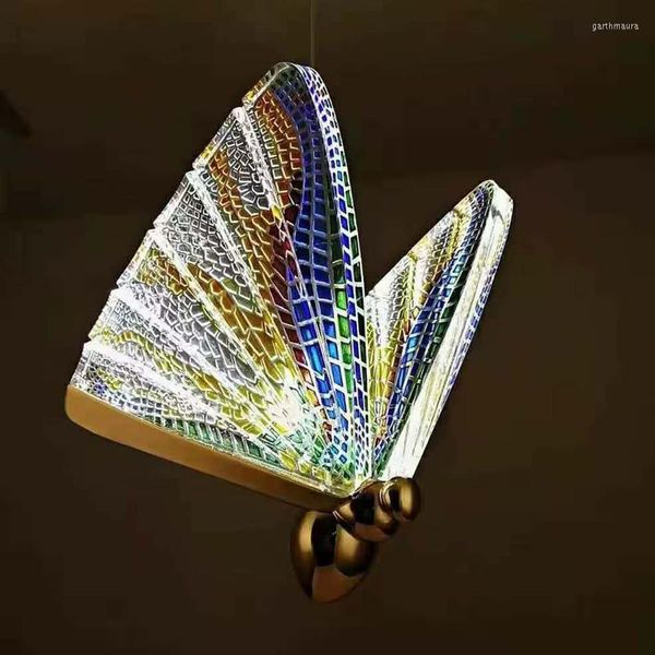 Lampadari La farfalla smaltata Lampadario a LED di lusso per cucina Sala da pranzo Coffee House Camera da letto Scale Sospensione Anello di diamante