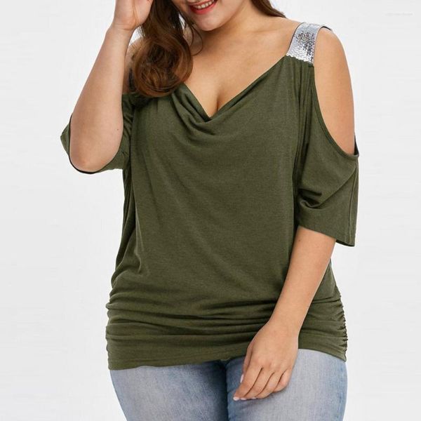 Blusas femininas de tamanho grande moda de ombro frio camiseta camiseta vin tee de verão de verão casual ladrinha feminino pullover de manga curta feminino