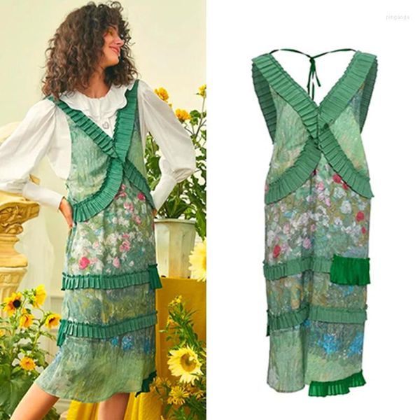 Lässige Kleider Damen Sommerkleid Ärmellos Retro Blumendruck Y2K Rüschen V-Ausschnitt Böhmische Damen Junge Dame NZ246