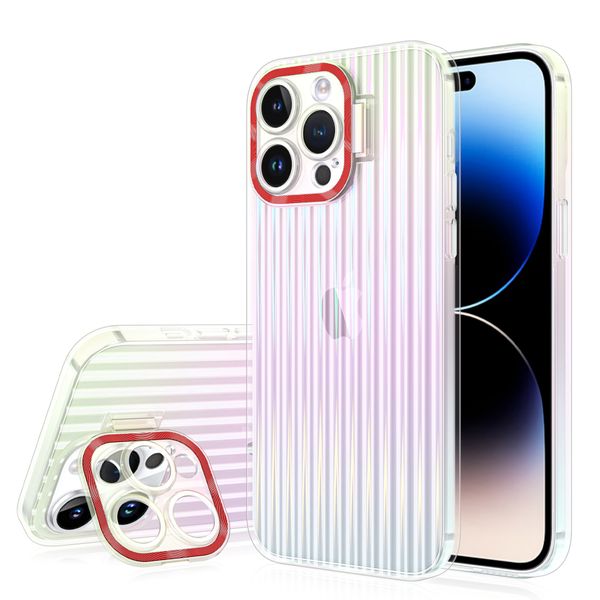 Custodie per telefoni con staffa invisibile con lente trasparente per iPhone 15 14 Pro Max Plus 14Plus 14Promax Cover protettiva per fotocamera con luce colorata Guscio rigido elettrolitico