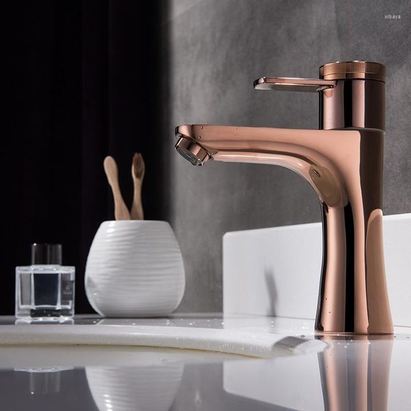 Rubinetti per lavabo da bagno Raffinato rame pieno nero opaco / oro rosa Finitura cromata Rubinetto termostatico Rubinetto per lavabo in ottone e tipo di acqua fredda