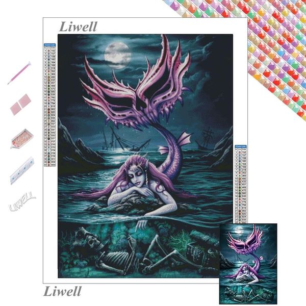 Stitch Fantasy Purple Mermaid mit Schädel Diamant Malerei Cross Stitch Kits Ozean Nacht Landschaft Mosaik Wandkunst Heimatkoration