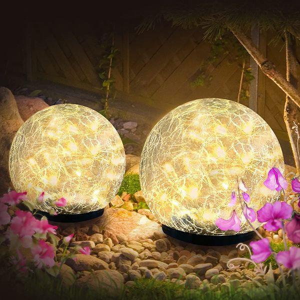 Luzes de bola solar de jardim ao ar livre à prova d'água, 30 LEDs de vidro rachado Globo solar luzes solares para o pátio de caminhão pátio, cenário de decoração acampamento branco quente