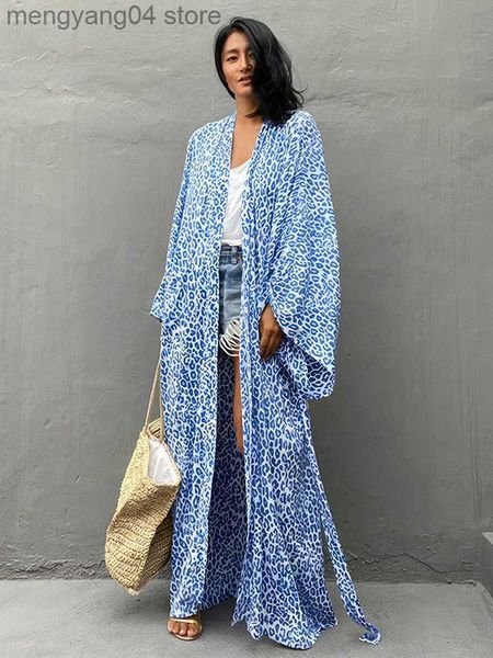 Costumi da bagno da donna Bohemian Beach Costume da bagno Cover Up Kimono Blue Leopard Print Pareo Beach Donna Tuniche Beachwear 2023 Summer Long Bikini Camicetta T230505