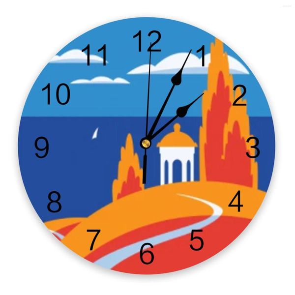 Orologi da parete Gazebo Albero Cartoon Colori Mare Barca a vela PVC Orologio digitale Design moderno Arredamento camera da letto Orologio rotondo Muto appeso