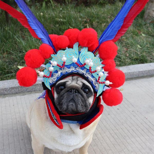 Vestuário engraçado cão de estimação gato traje chinês tradicional peking opera role boné chapéu filhote de cachorro ano novo fantasia vestir-se chapéu hairband acessórios