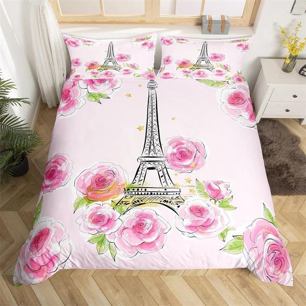 Bedding Sets Paris Eiffel Tower Duvet Capa Conjunto de aquarela Butterfly Butterfly Twin King Microfiber Romantic Comperter