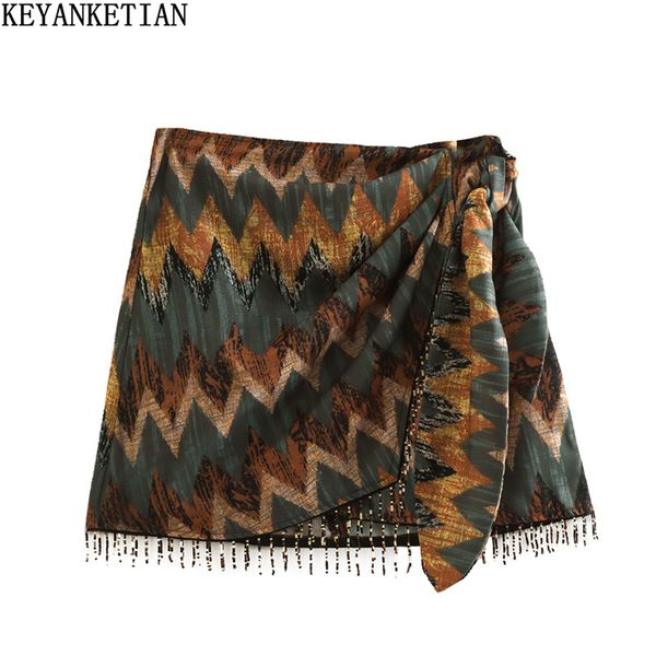Saias Keyanketian vintage impressão geométrica mini saia atada sarong frisado franja envoltório vestidos casuais zip curto skort mujer 230505