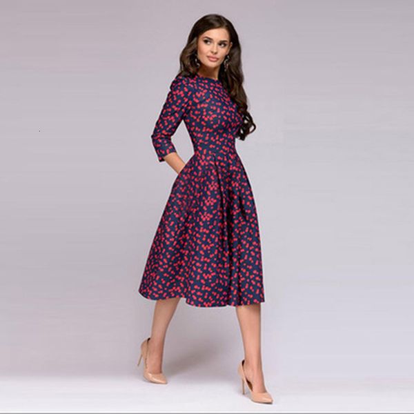 Sıradan Elbiseler Zarif nokta baskı vintage vestiodos retro üç çeyrek kollu yeni sonbahar bahar elbisesi kırmızı kadınlar A-line tarih parti elbisesi 230505